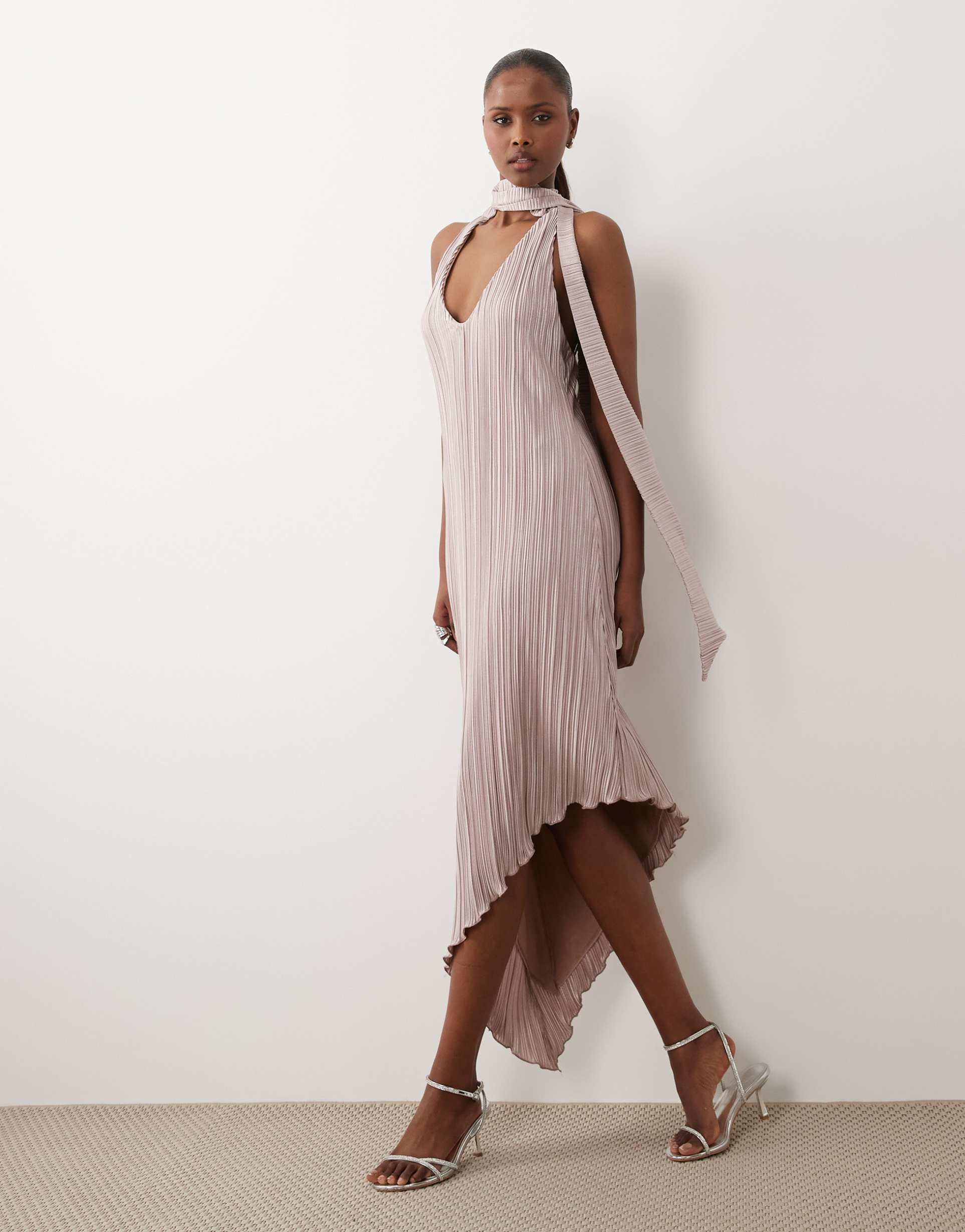 asos design plissé scarf asymmetric hem dress in mink