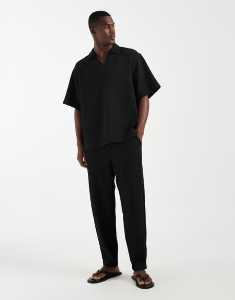ASOS DESIGN plissé set with shirt & pants in black - view 1