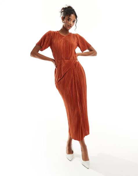 ASOS DESIGN plisse short sleeve twist skirt midi dress in rust - view 1