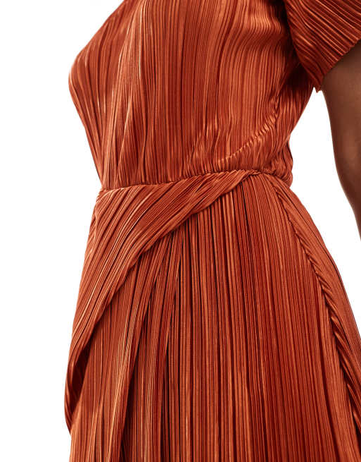 ASOS DESIGN plisse short sleeve twist skirt midi dress in rust, 3 of 4