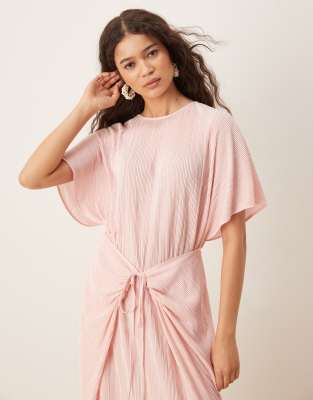 Asos Design Plisse Short Sleeve Wrap Tie Maxi Dress In Pink