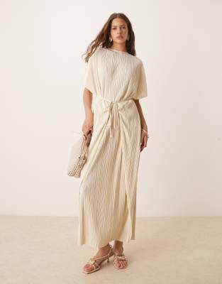 Asos Design Plisse Short Sleeve Wrap Tie Maxi Dress In Neutral