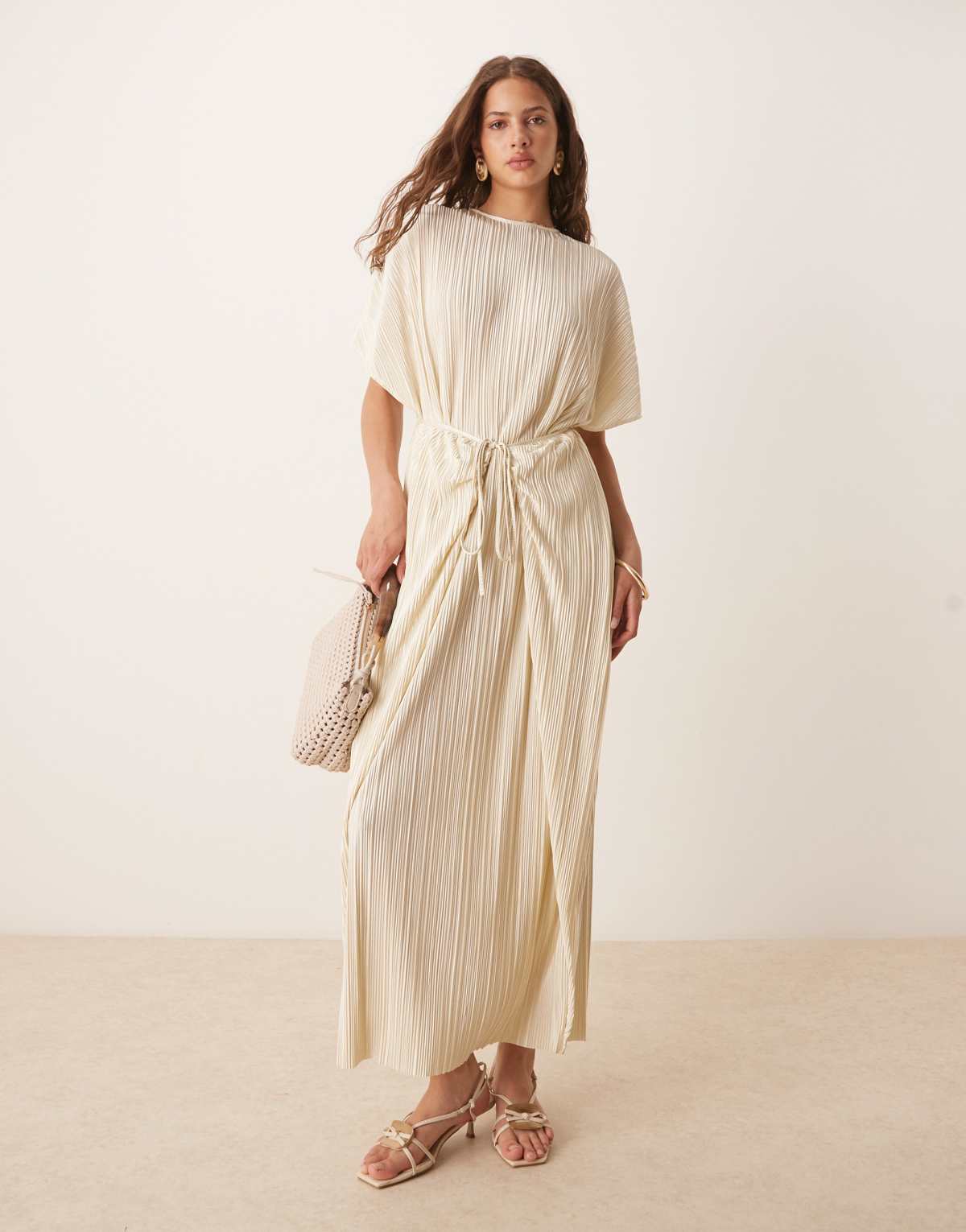 ASOS DESIGN plisse short sleeve wrap tie maxi dress in lemon