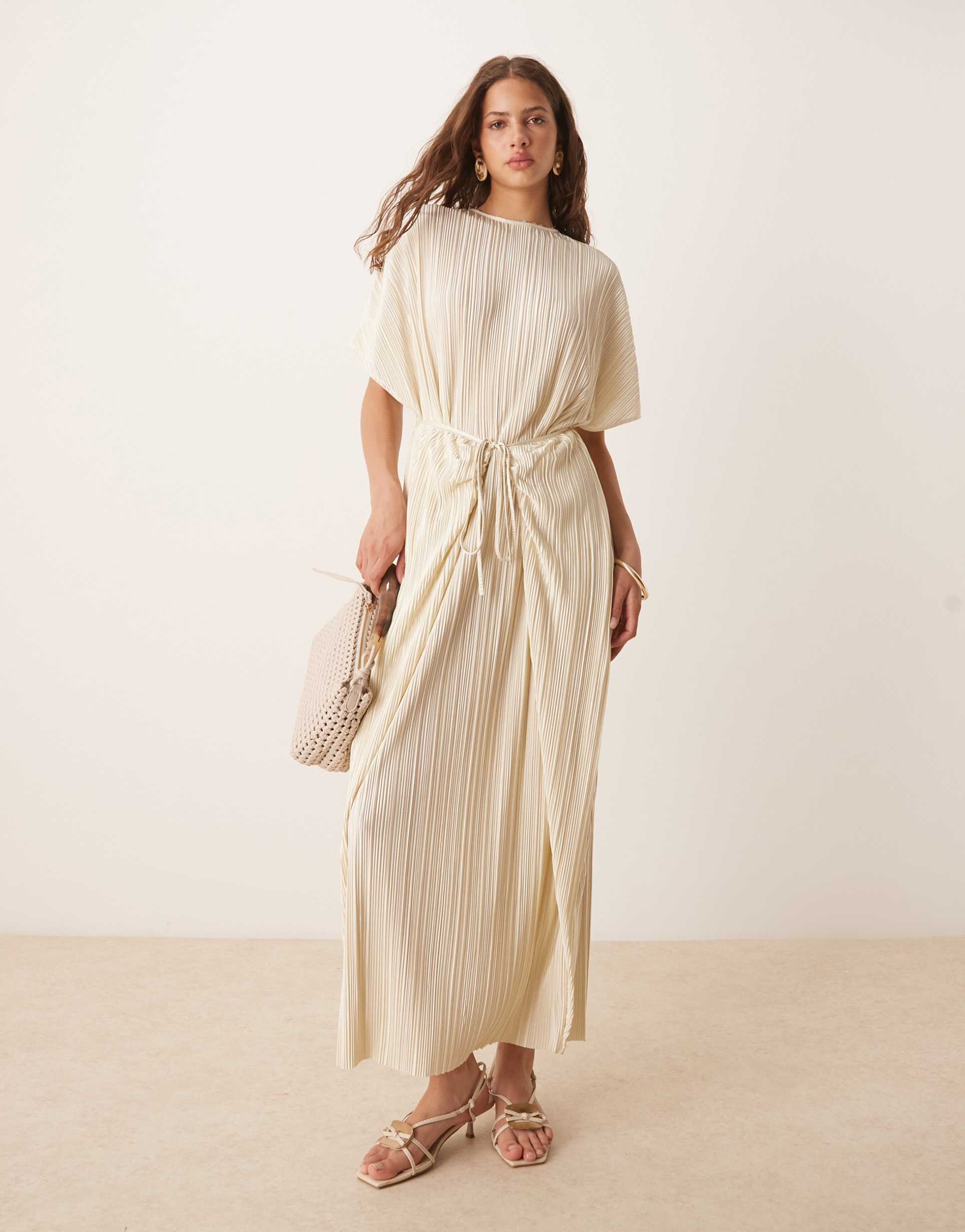 asos design plisse short sleeve wrap tie maxi dress in lemon