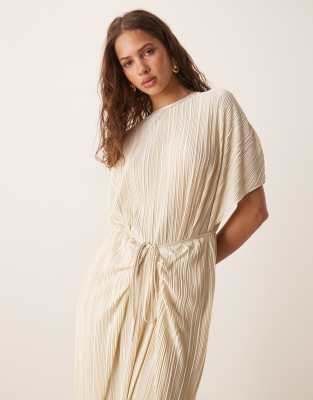 Asos Design Plisse Short Sleeve Wrap Tie Maxi Dress In Neutral