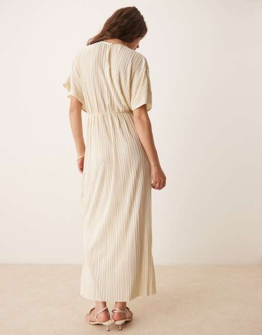 ASOS DESIGN plisse short sleeve wrap tie maxi dress in lemon