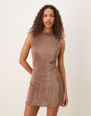 Asos Design Plisse Slash Neck Mini Dress In Brown