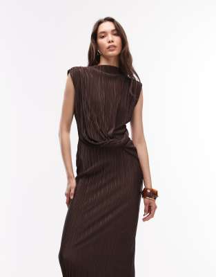 Asos Design Plissé Slash Neck Pencil Midi Dress With Twisted Waist Detailing In Brown