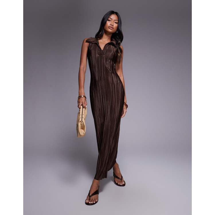 asos brown midi dress DESIGN plisse sleeveless collar in ensuring a flattering regular