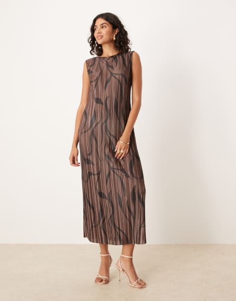 ASOS DESIGN plisse sleeveless column midi dress in brown swirl print - view 1