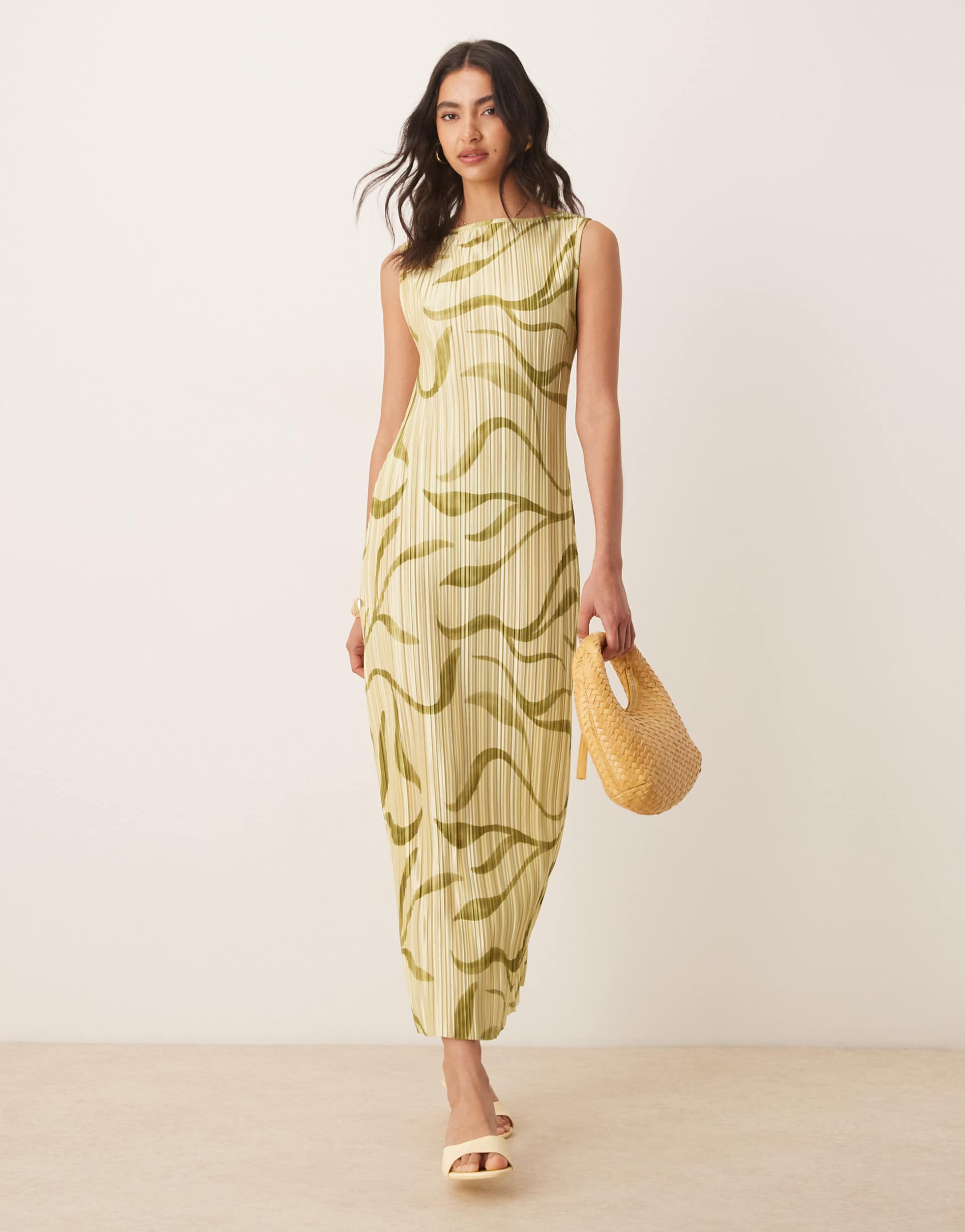 asos design plisse sleeveless column midi dress in yellow swirl print