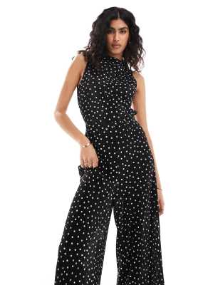 Asos Design Plisse Sleeveless High Neck Wide Leg Jumpsuit In Mono Polka Dot-multi