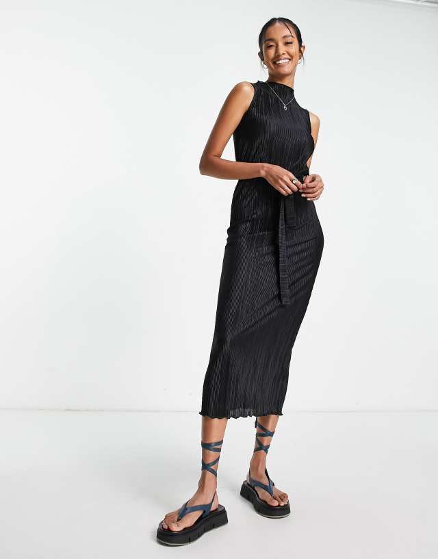 ASOS DESIGN plisse sleeveless midi column dress with self belt in black