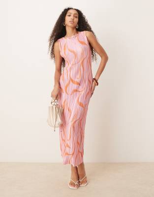 ASOS DESIGN plisse sleeveless midi dress in pink swirl print-Multi
