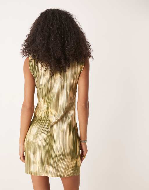 ASOS DESIGN plisse sleeveless mini dress in green floral print