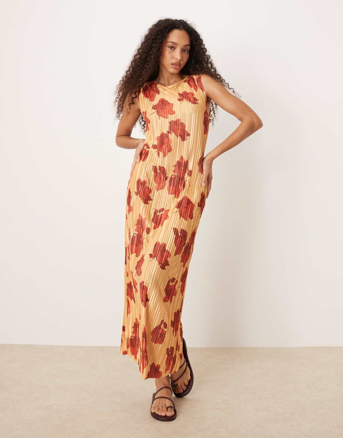 ASOS DESIGN plisse sleeveless slash neck maxi dress in orange & red floral