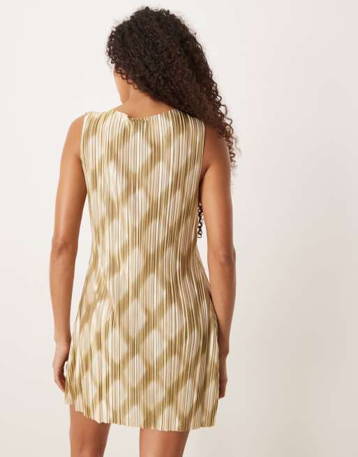 ASOS DESIGN plisse sleeveless slash neck mini dress in green check print - MULTI