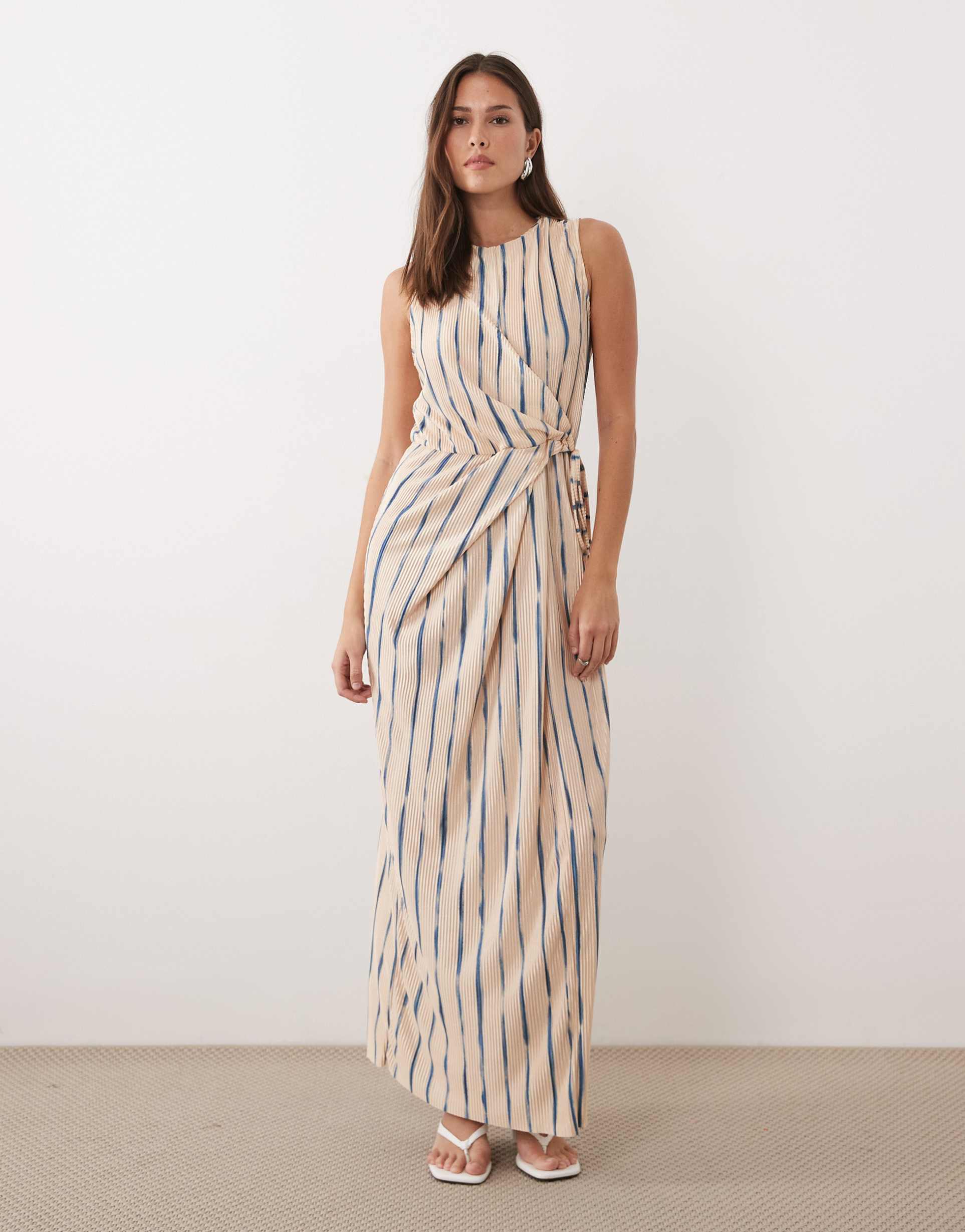 asos design plisse sleeveless tie waist midi dress in stripe