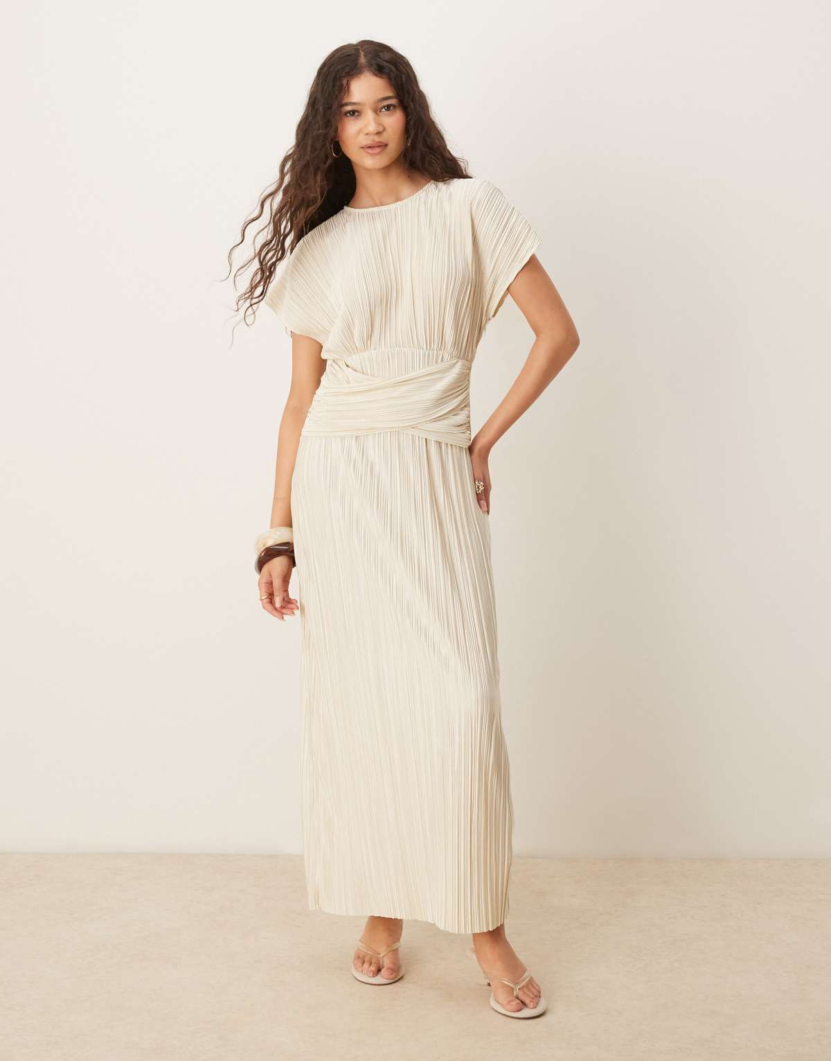 ASOS DESIGN plisse sleeveless twist front maxi dress in buttermilk