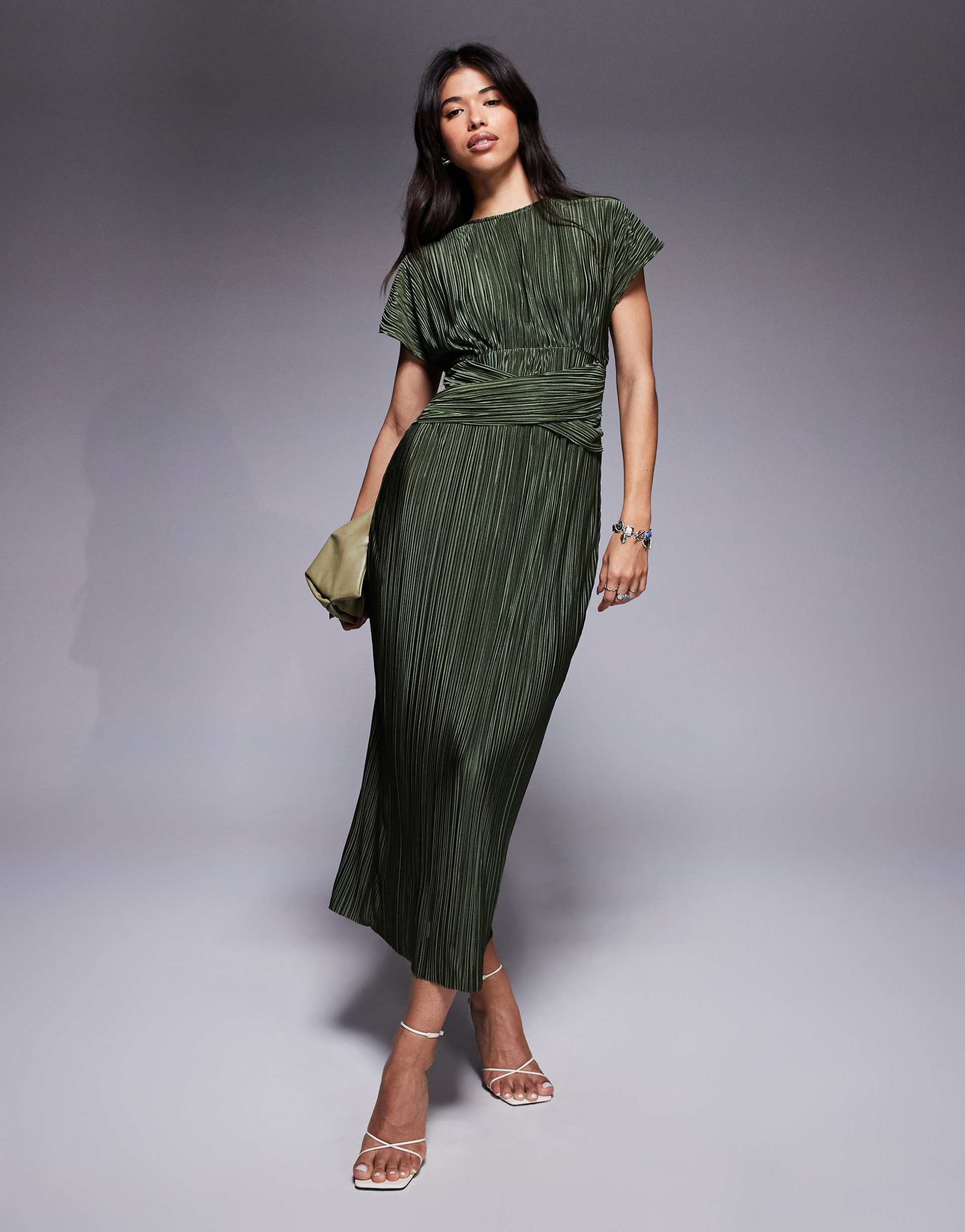 asos design plisse sleeveless twist front maxi dress in khaki