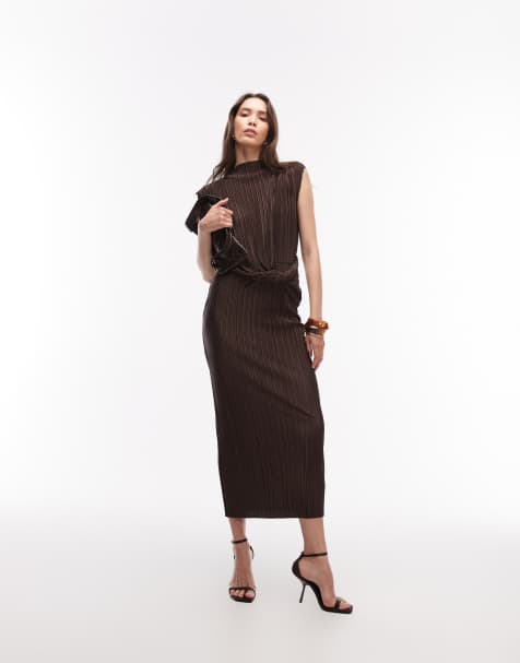 ASOS DESIGN plisse sleeveless twist side detail midi dress in chocolate