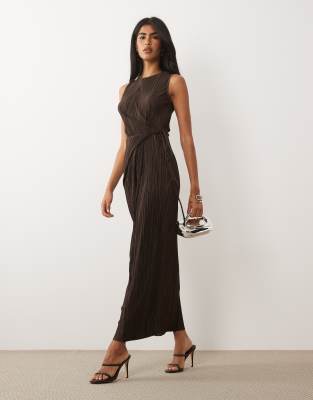 ASOS DESIGN plisse sleeveless wrap tie front maxi dress in brown