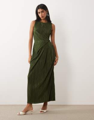Asos Design Plisse Sleeveless Wrap Tie Front Maxi Dress In Green