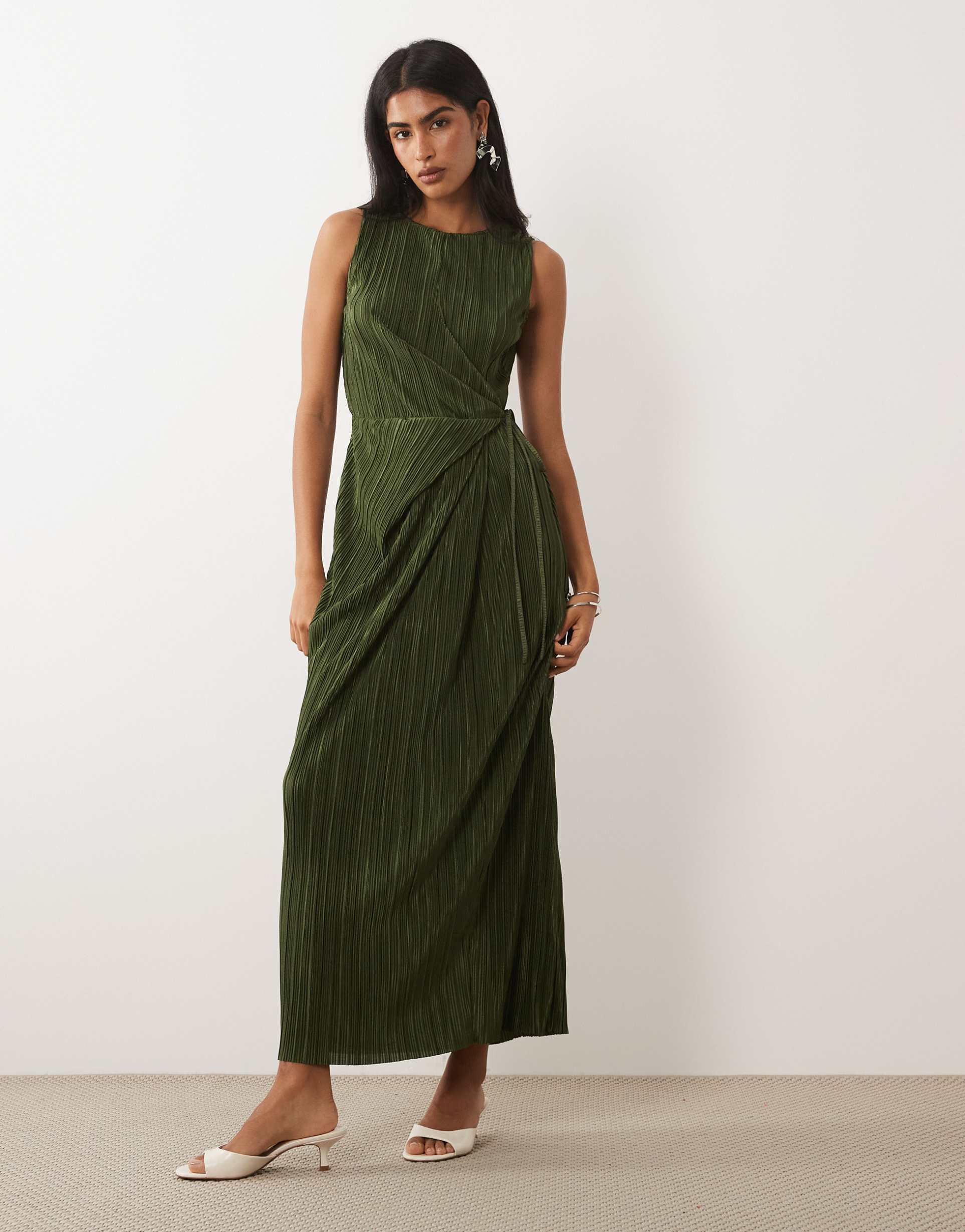 asos design plisse sleeveless wrap tie front maxi dress in dark khaki