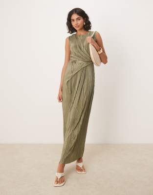 Asos Design Plisse Sleeveless Wrap Tie Front Maxi Dress