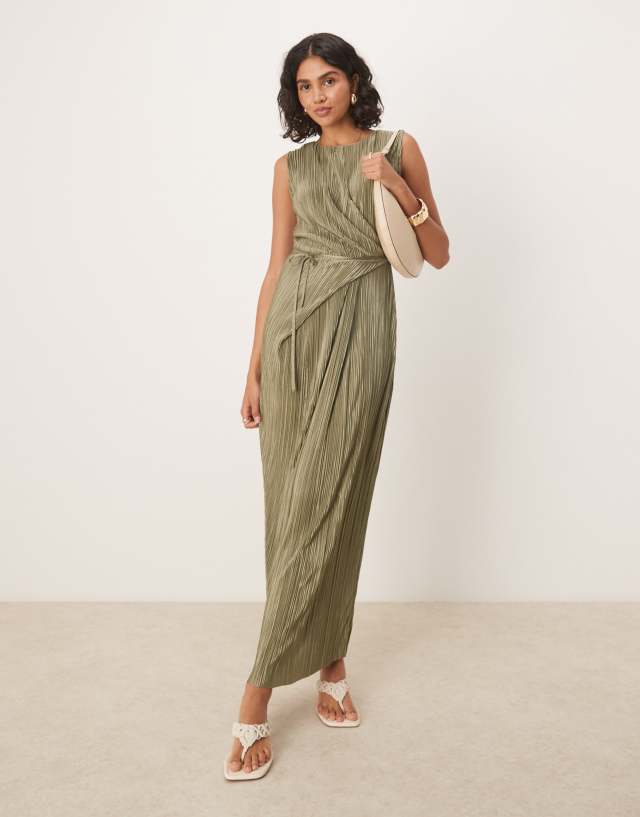 asos green plisse dress DESIGN sleeveless wrap tie front maxi in khaki plus size bodycon