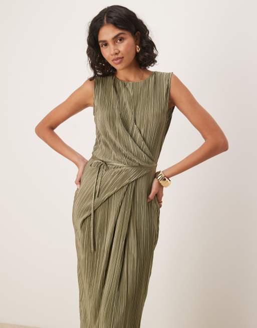 ASOS DESIGN plisse sleeveless wrap tie front maxi dress in khaki