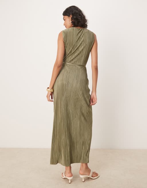 ASOS DESIGN plisse sleeveless wrap tie front maxi dress in khaki