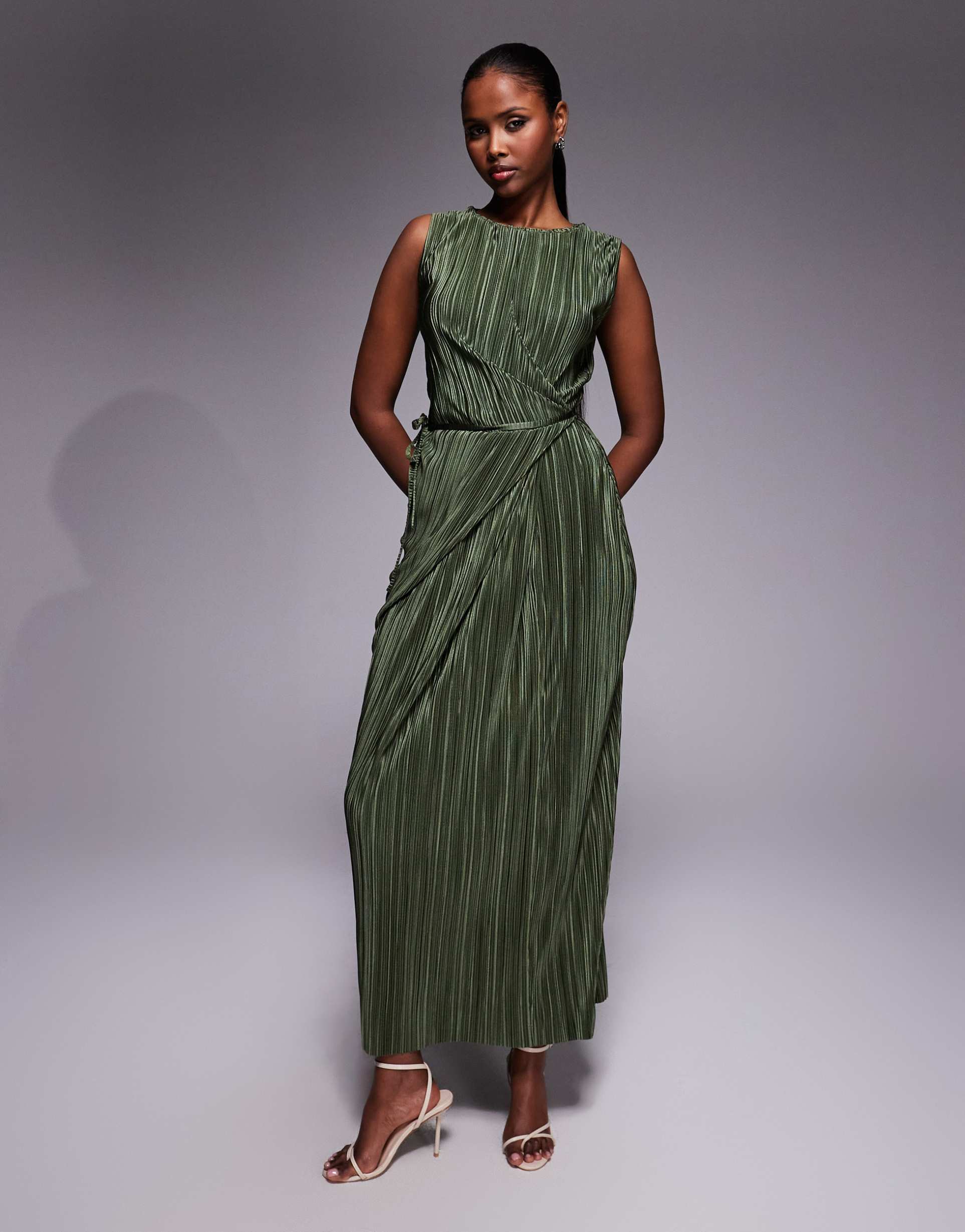 asos design plisse sleeveless wrap tie front maxi dress in khaki green