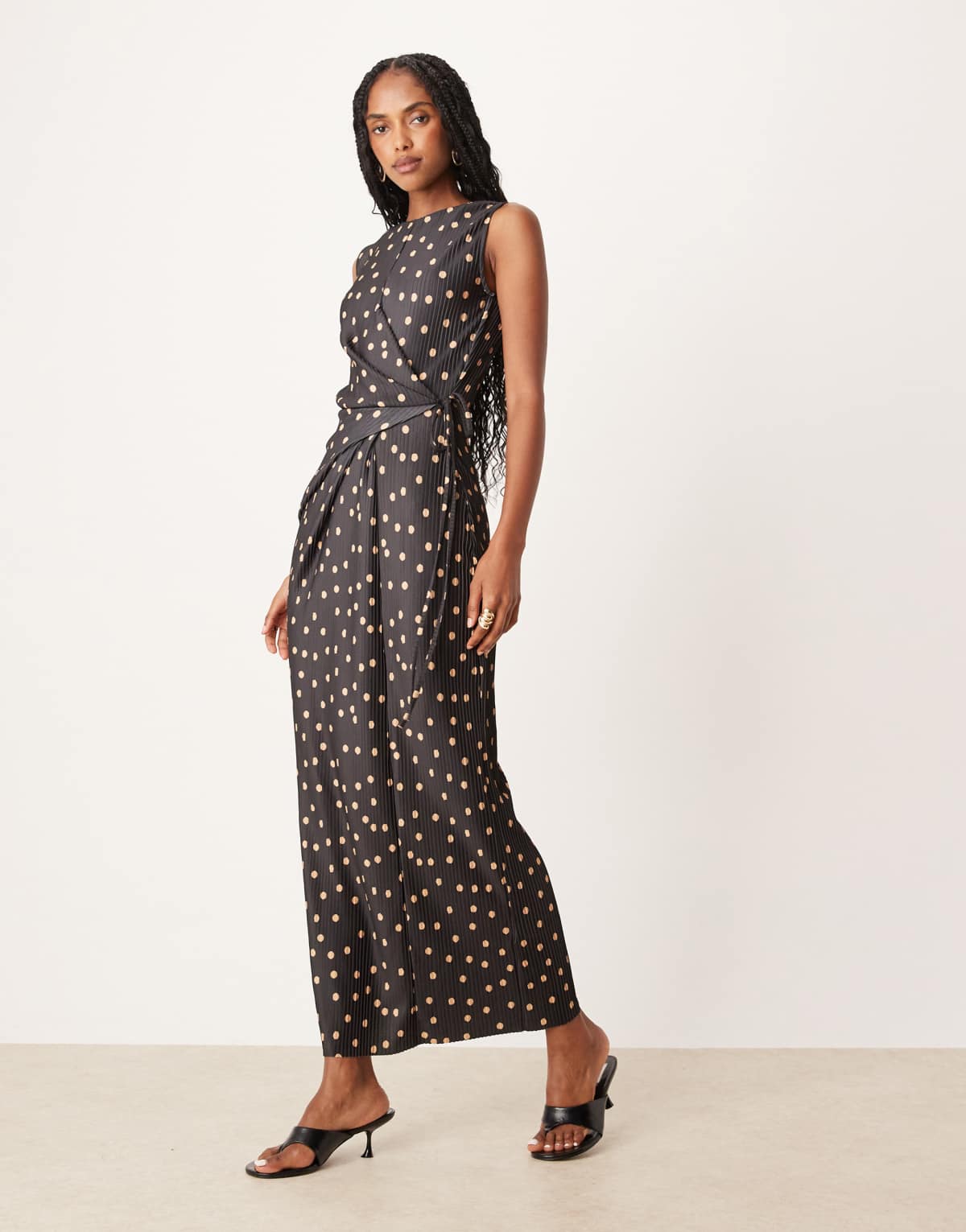 ASOS DESIGN plisse sleeveless wrap tie front maxi dress in polka dot
