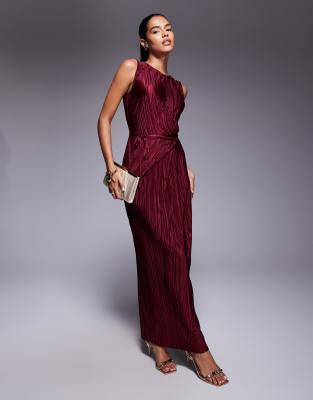 Asos Design Plisse Sleeveless Wrap Tie Front Maxi Dress In Red