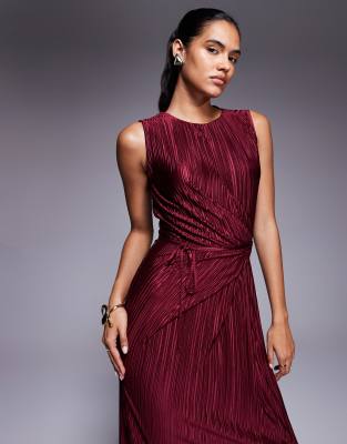 Asos Design Plisse Sleeveless Wrap Tie Front Maxi Dress In Red