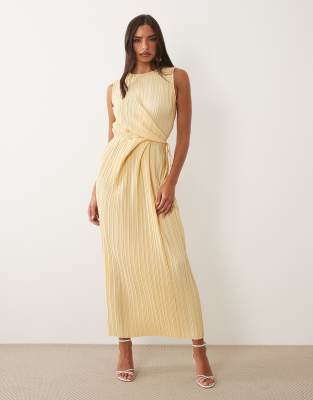 ASOS DESIGN plisse sleeveless wrap tie front midi dress in butter yellow