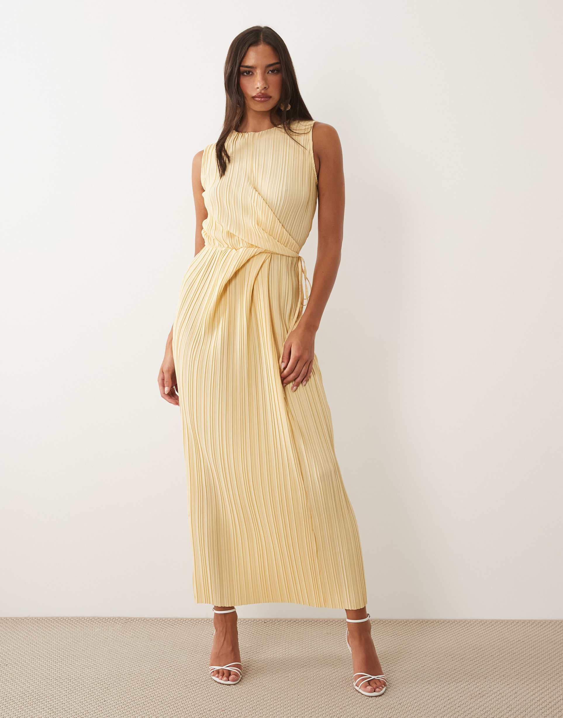 asos design plisse sleeveless wrap tie front midi dress in butter yellow