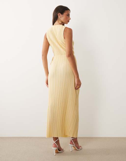 ASOS DESIGN plisse sleeveless wrap tie front midi dress in butter yellow, 3 of 4