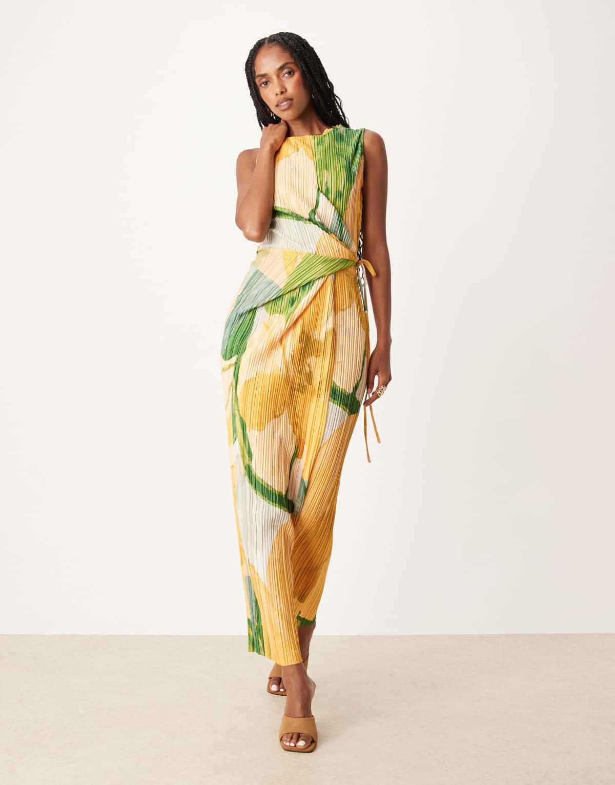 ASOS DESIGN plisse sleeveless wrap tie side maxi in painted green floral
