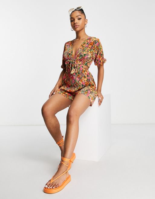 Wednesday's Girl button through floral print romper suit in orange