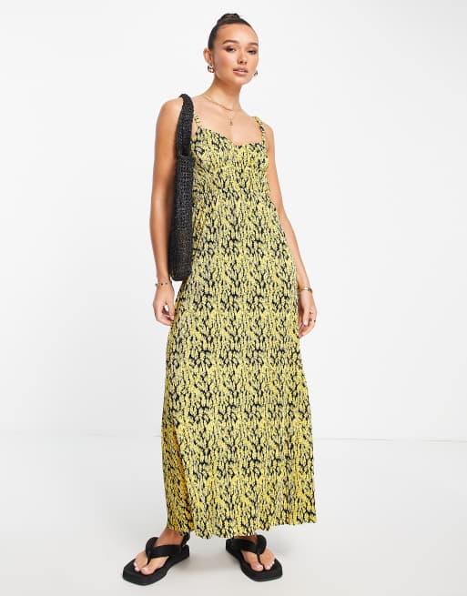 ASOS DESIGN plisse strappy maxi dress in yellow daisy print