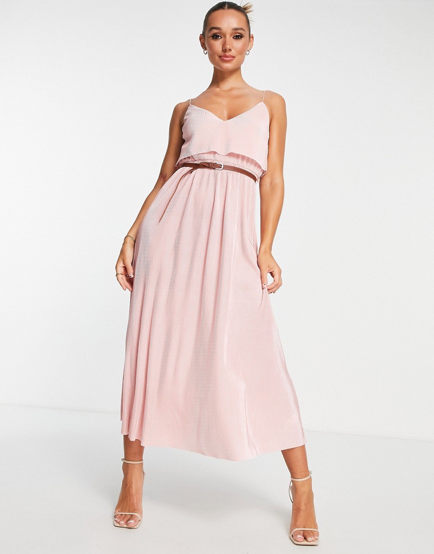 ASOS DESIGN plisse strappy overlayer maxi dress in dusty pink