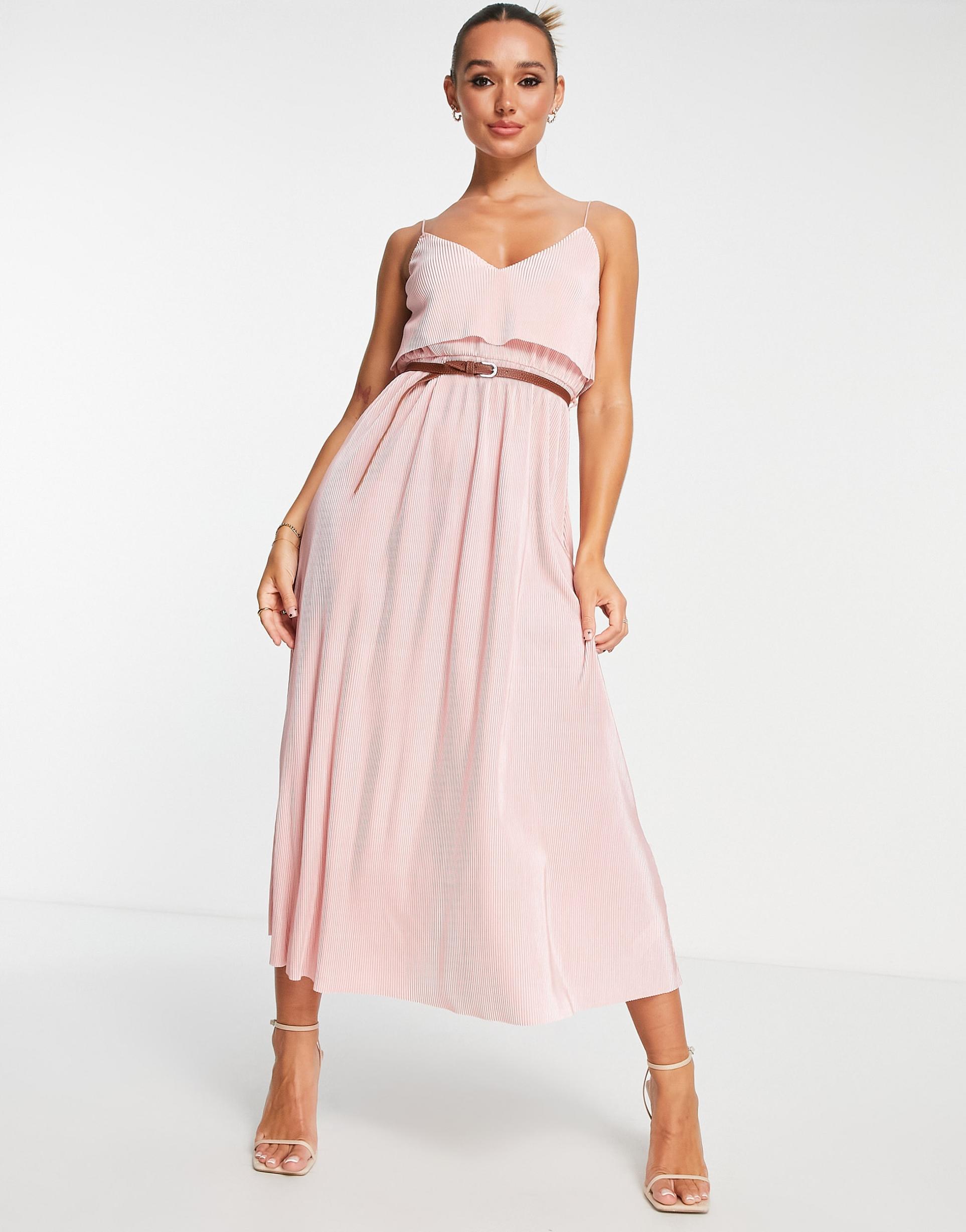 asos design plisse strappy overlayer maxi dress in dusty pink