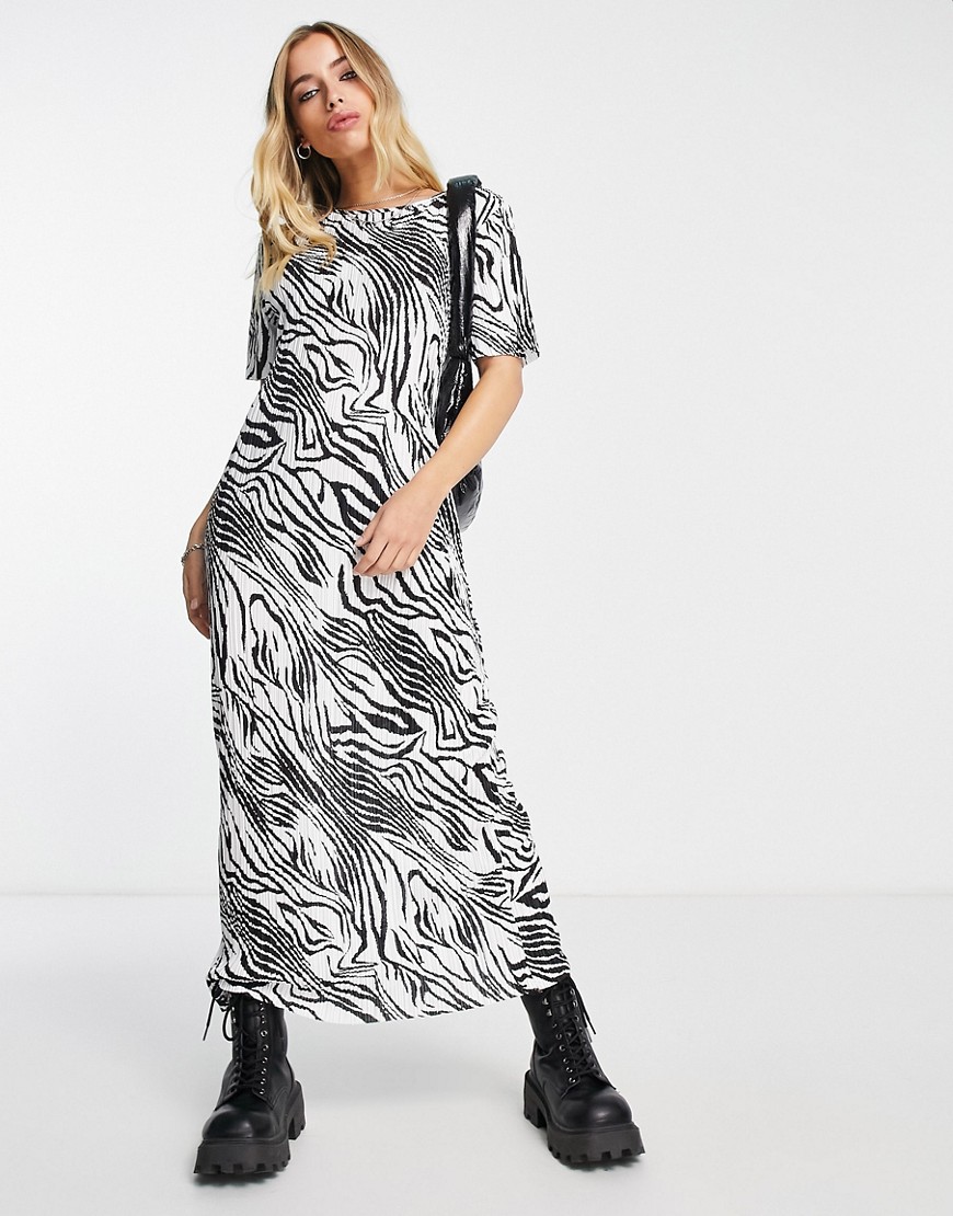 ASOS DESIGN plisse t-shirt midi dress in mono zebra print-Multi