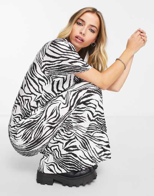 ASOS DESIGN plisse t shirt midi dress in mono zebra print