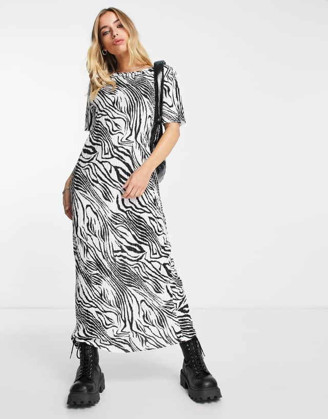 ASOS DESIGN plisse t-shirt midi dress in monochrome zebra print