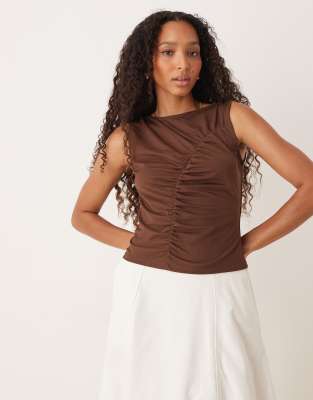 Asos Design Plisse Tank Top With Ruched Detail In Brown