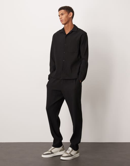 ASOS DESIGN plisse tapered pants in black (part of a set), 3 of 5