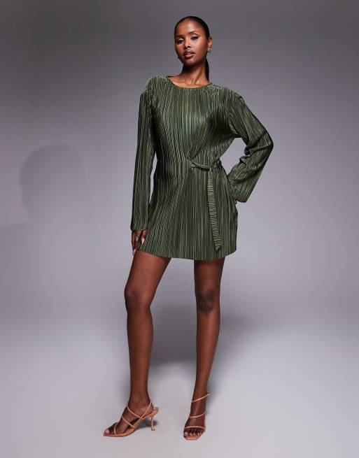 ASOS DESIGN plisse tie detail mini dress in khaki, 3 of 4